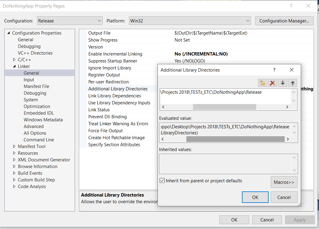 DoNothingApp Linker Setting